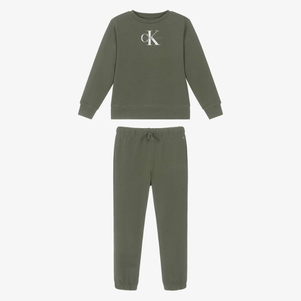 Calvin Klein-بدلة رياضية قطنية ناعمة باللون الكاكي للأولاد | Childrensalon Outlet