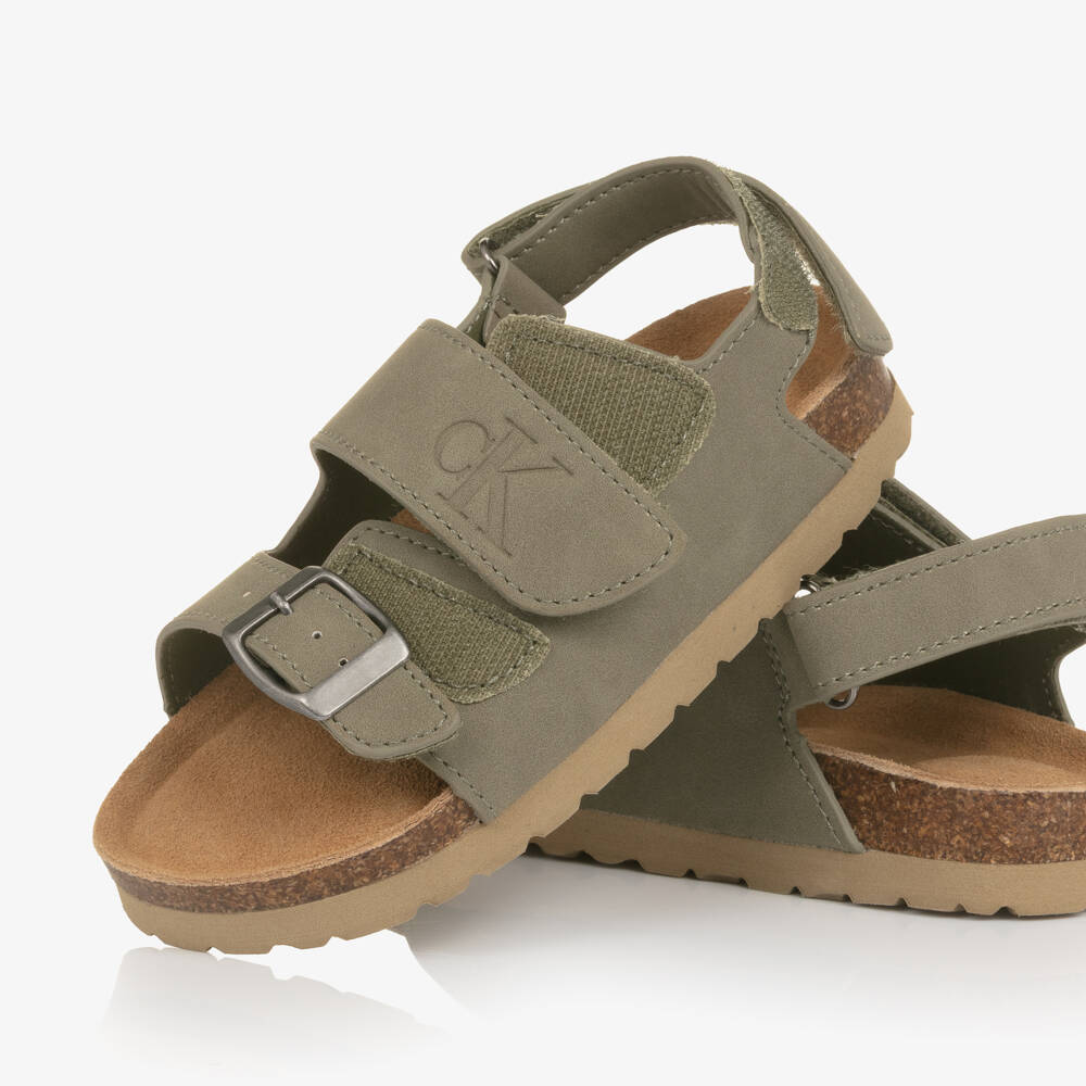 Calvin Klein-Khaki Green Faux Leather Velcro Sandals | Childrensalon Outlet