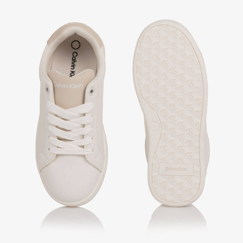 Calvin Klein-Off-White Faux Leather Lace-Up Trainers with Beige Trim | Childrensalon Outlet