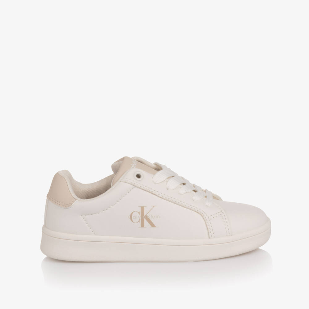 Calvin Klein-Off-White Faux Leather Lace-Up Trainers with Beige Trim | Childrensalon Outlet