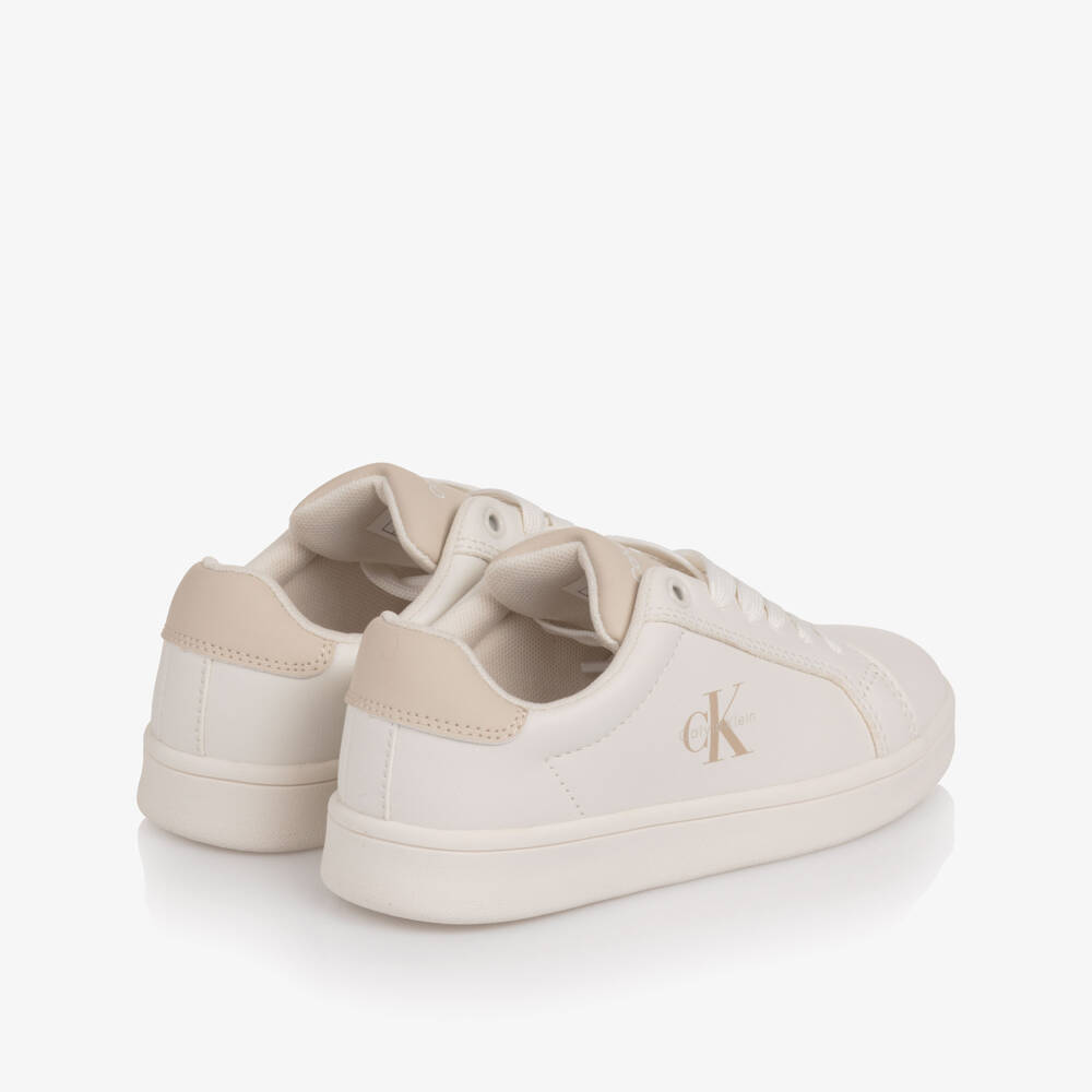 Calvin Klein-Off-White Faux Leather Lace-Up Trainers with Beige Trim | Childrensalon Outlet