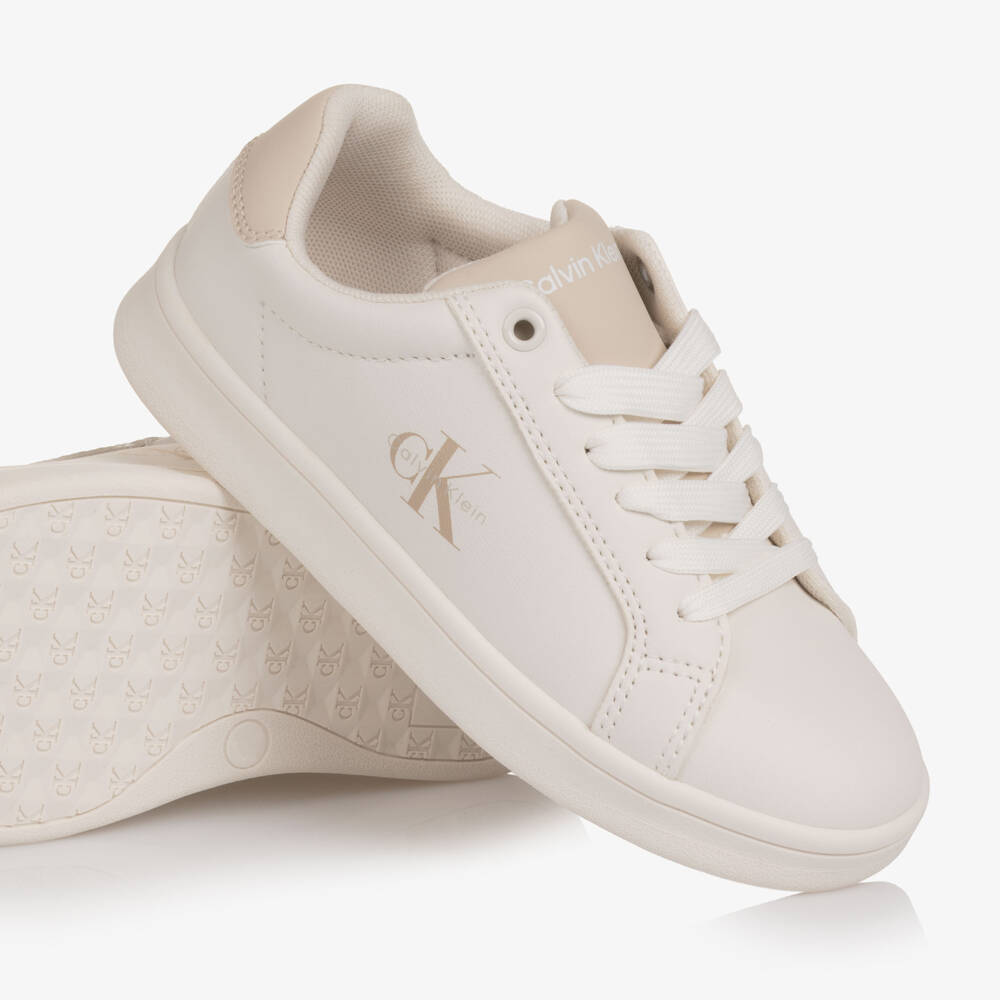 Calvin Klein-Off-White Faux Leather Lace-Up Trainers with Beige Trim | Childrensalon Outlet
