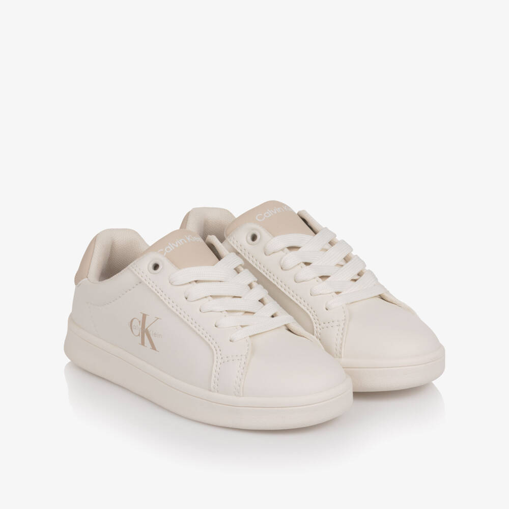 Calvin Klein-Off-White Faux Leather Lace-Up Trainers with Beige Trim | Childrensalon Outlet