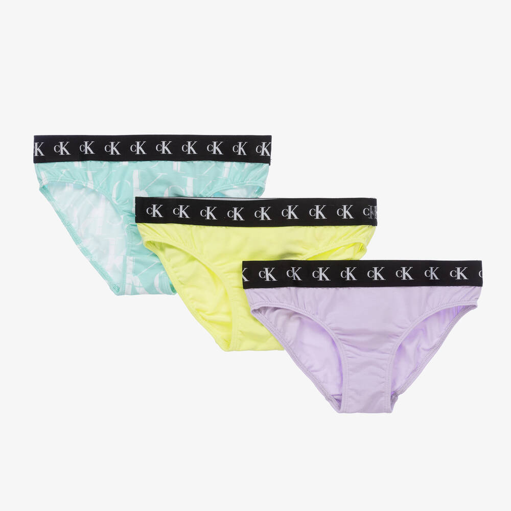 Calvin Klein-Purple & Green Cotton Knickers (3 Pack)  | Childrensalon Outlet