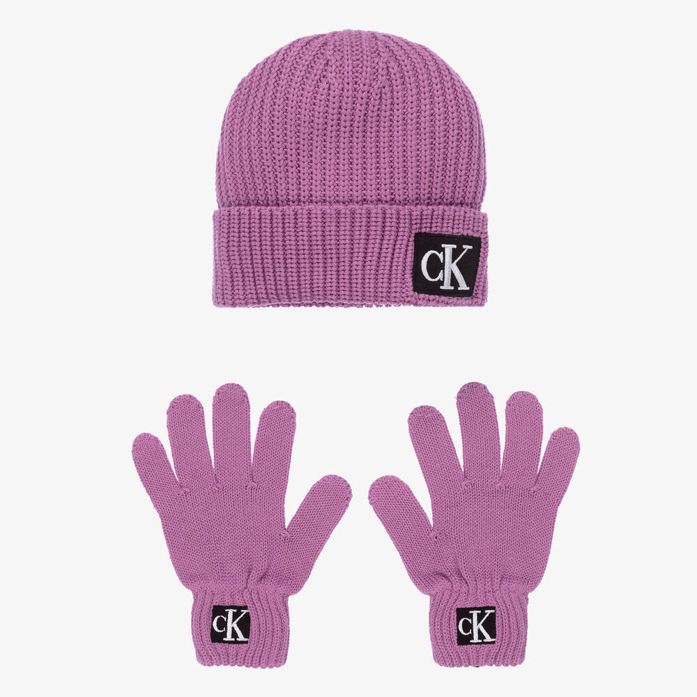 Calvin Klein Jeans - Set Mütze Handschuhe Logo Violett | Childrensalon
