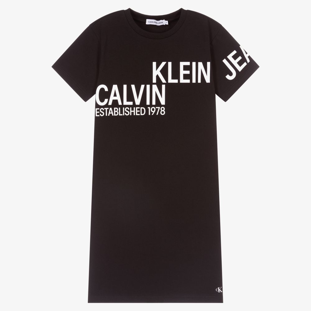 Calvin Klein Jeans - فستان تيشيرت تينز قطن جيرسي لون أسود وأبيض | Childrensalon