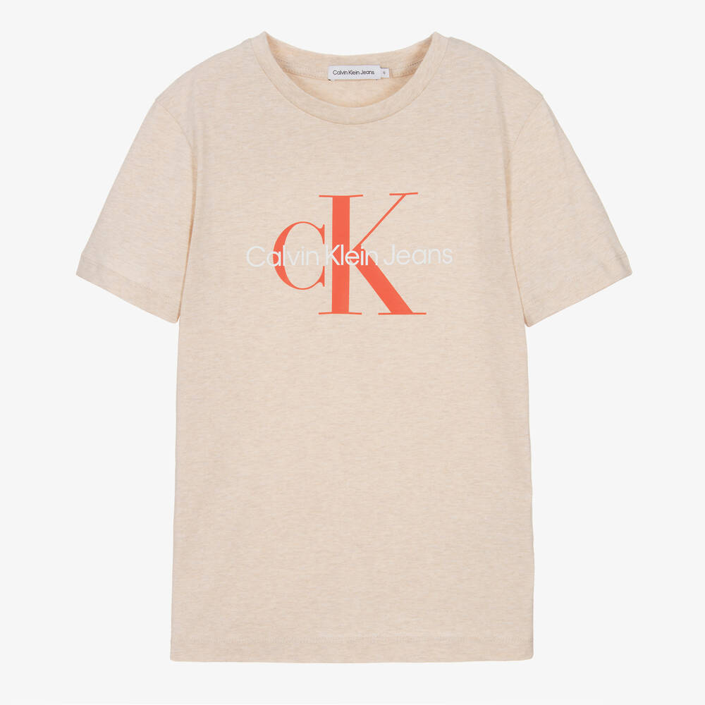 Calvin Klein - Бежевая хлопковая футболка для мальчиков-подростков  | Childrensalon