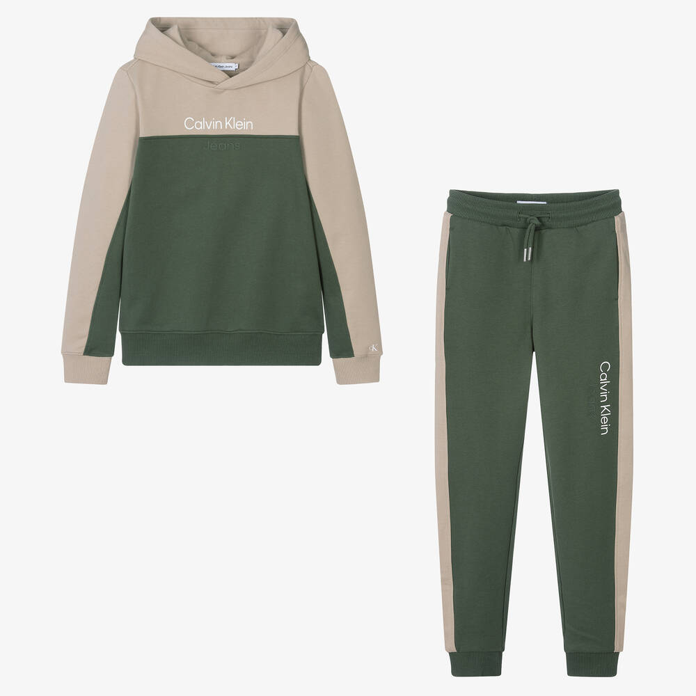 Calvin Klein - Teen Boys Beige & Green Cotton Tracksuit | Childrensalon