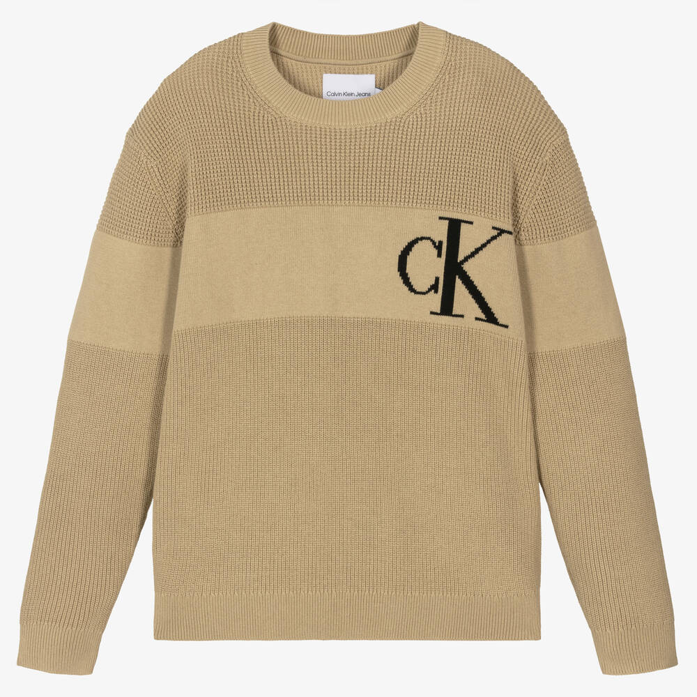 Calvin Klein - Teen Boys Beige Knitted Jumper | Childrensalon