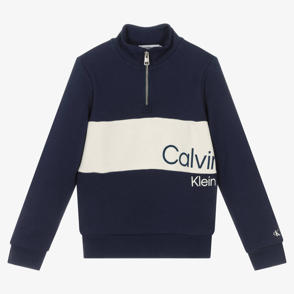 Calvin Klein Jeans - توب هودي بسحّاب تينز ولادي قطن لون كحلي وعاجي | Childrensalon