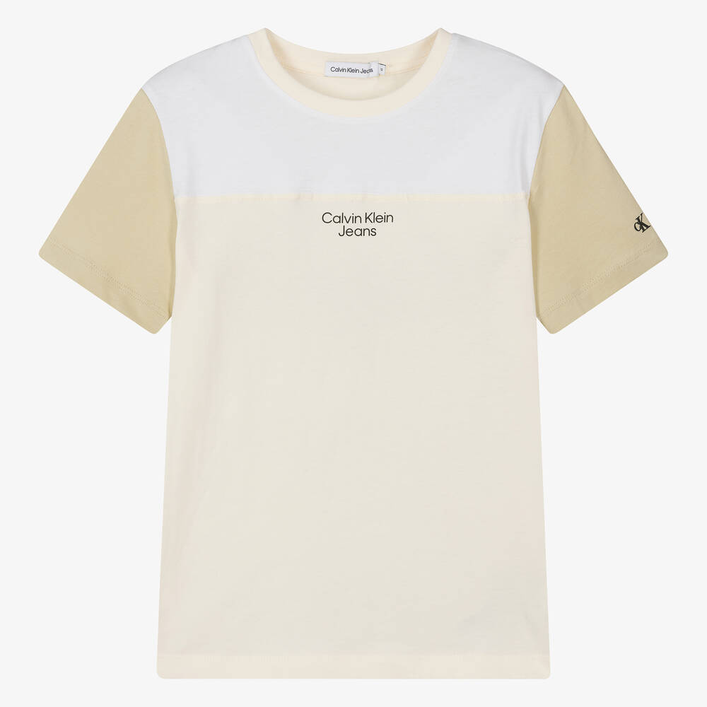 Calvin Klein-تيشيرت قطن بألوان بلوك عاجي وبيج للمراهقين | Childrensalon Outlet