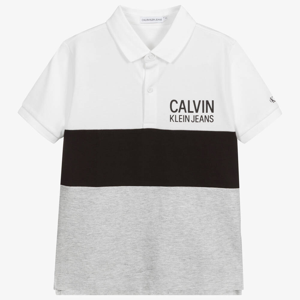 Calvin Klein Jeans - توب بولو تينز ولادي قطن لون رمادي وأبيض وأسود | Childrensalon