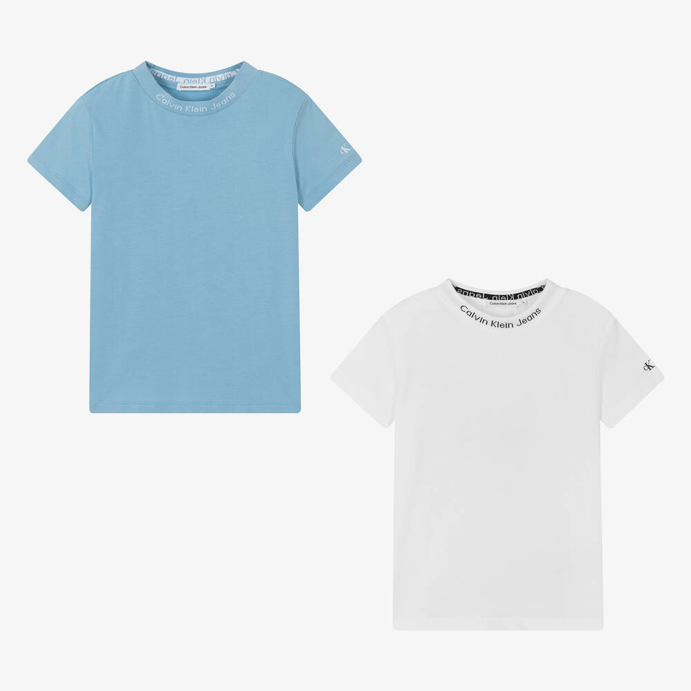 Calvin Klein-تيشيرت قطن لون أبيض وأزرق للمراهقين (عدد 2) | Childrensalon Outlet