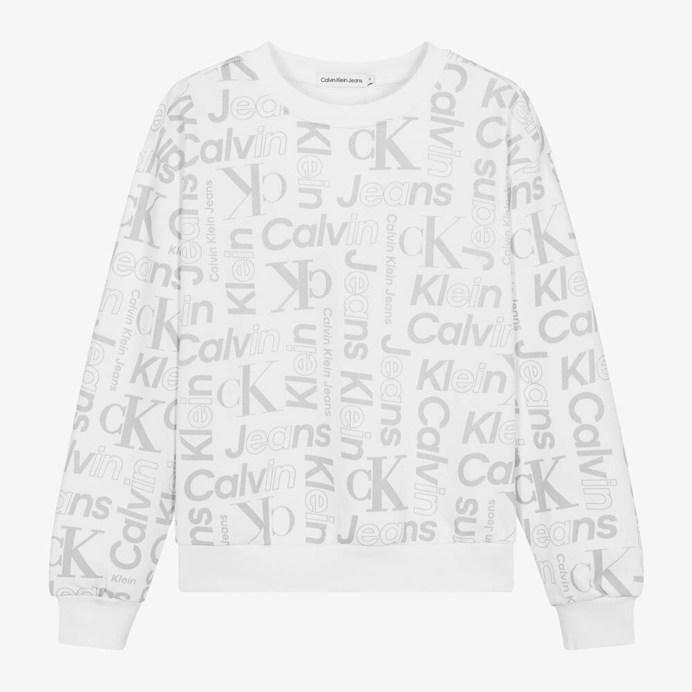 Calvin Klein-Teen Boys White Cotton Monogram Sweatshirt | Childrensalon Outlet