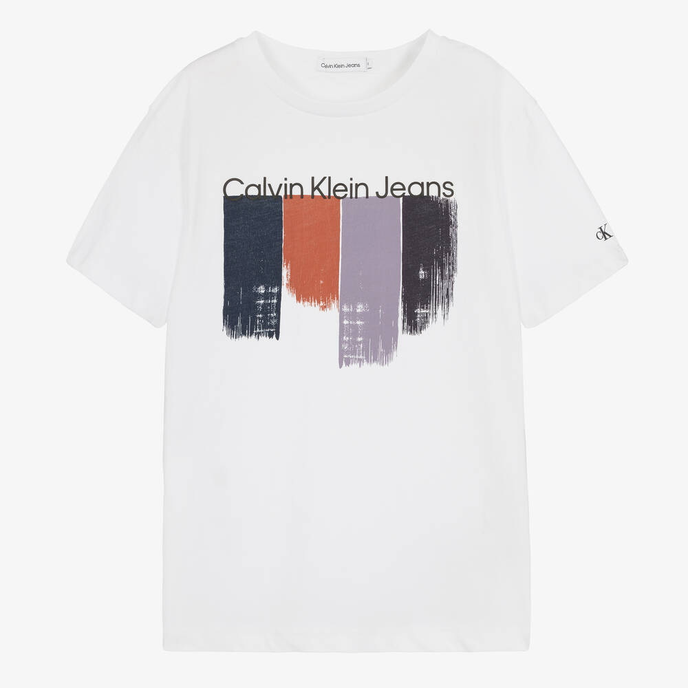 Calvin Klein - تيشيرت تينز ولادي قطن لون أبيض | Childrensalon