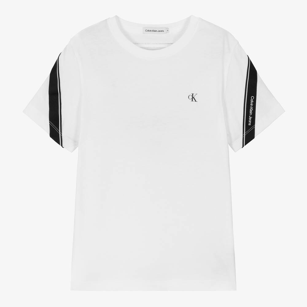 Calvin Klein-Teen Boys White Cotton Taped T-Shirt | Childrensalon Outlet