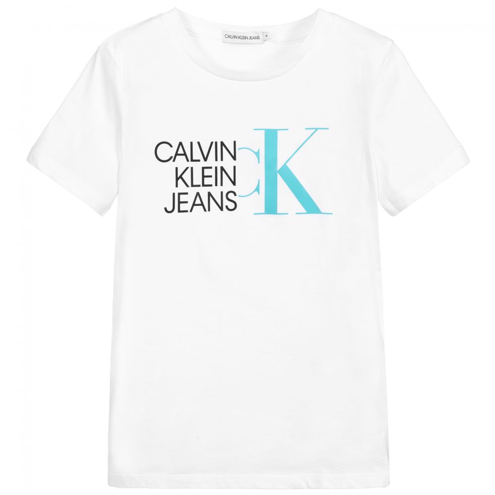 Calvin Klein Jeans - تيشيرت تينز ولادي قطن عضوي جيرسي لون أبيض | Childrensalon