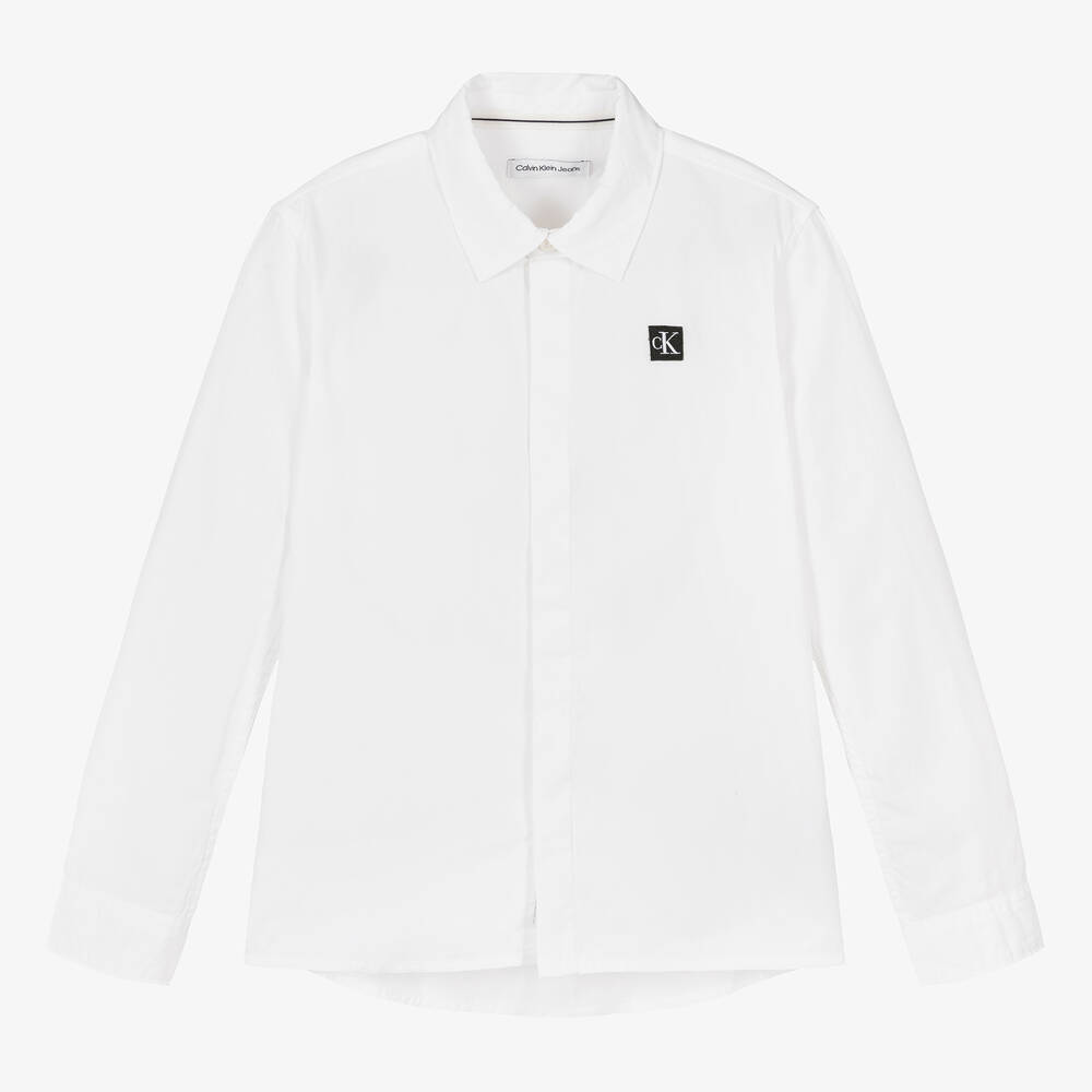 Calvin Klein-قميص بطبعة مونوغرام قطن بوبلين لون أبيض | Childrensalon Outlet