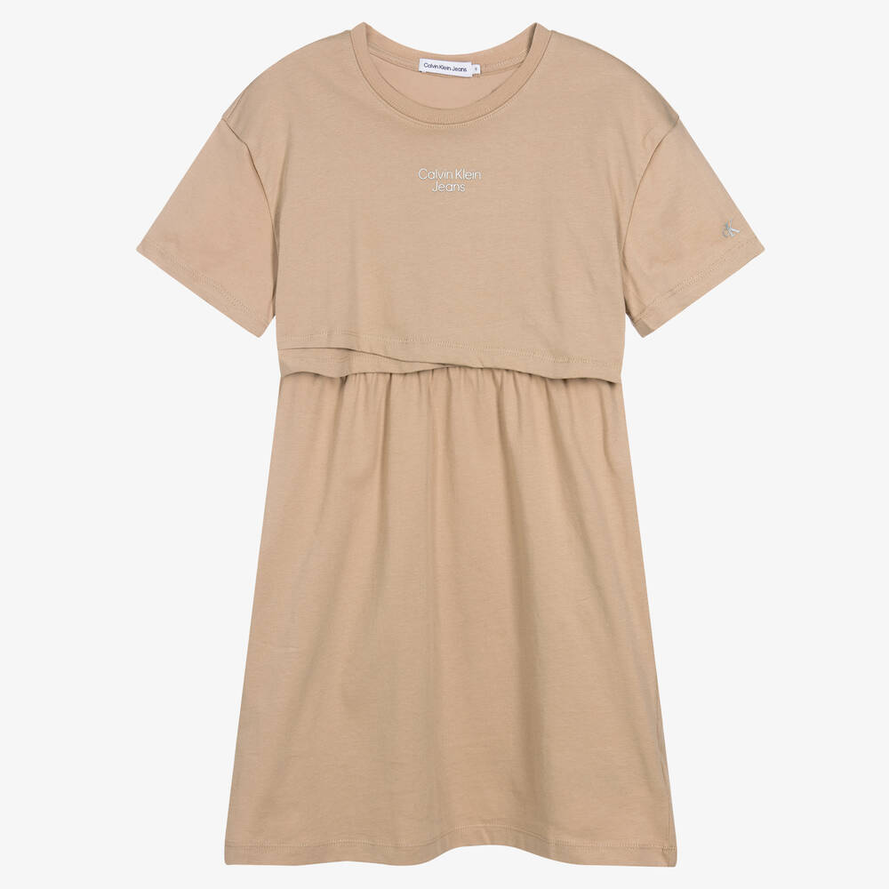 Calvin Klein Jeans - Teen Girls Beige Cotton Logo Dress | Childrensalon