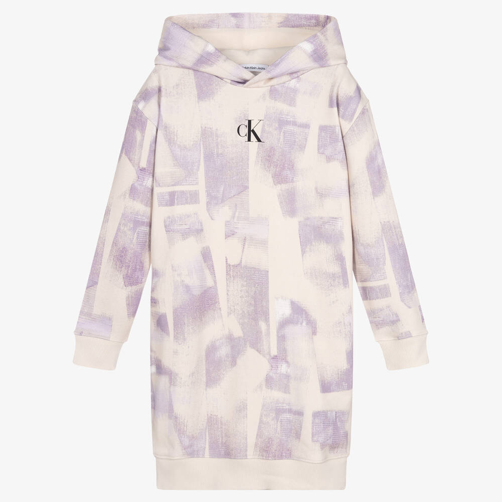 Calvin Klein - Teen Girls Beige & Purple Cotton Hoodie Dress | Childrensalon
