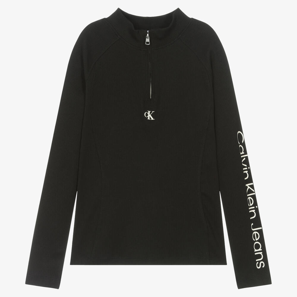 Calvin Klein - Teen Girls Black Cotton Half Zip Top | Childrensalon