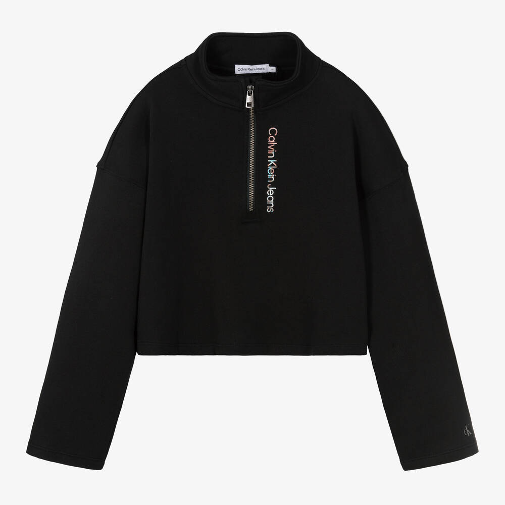 Calvin Klein Jeans-توب بسحّاب تينز بناتي قطن لون أسود | Childrensalon Outlet