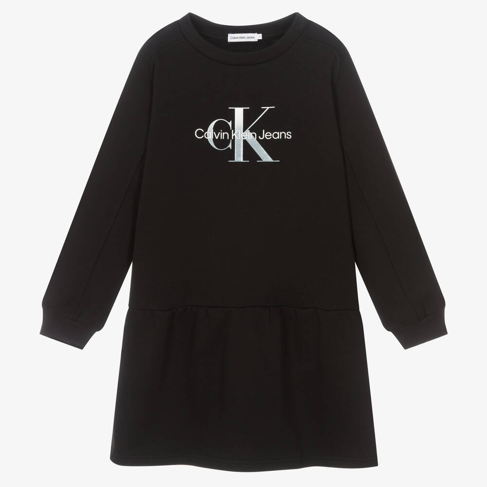 Calvin Klein Jeans - فستان سويتشيرت تينز بناتي قطن لون أسود | Childrensalon