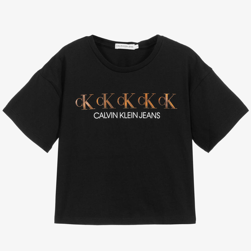 Calvin Klein Jeans - تيشيرت تينز بناتي قطن عضوي جيرسي لون أسود | Childrensalon
