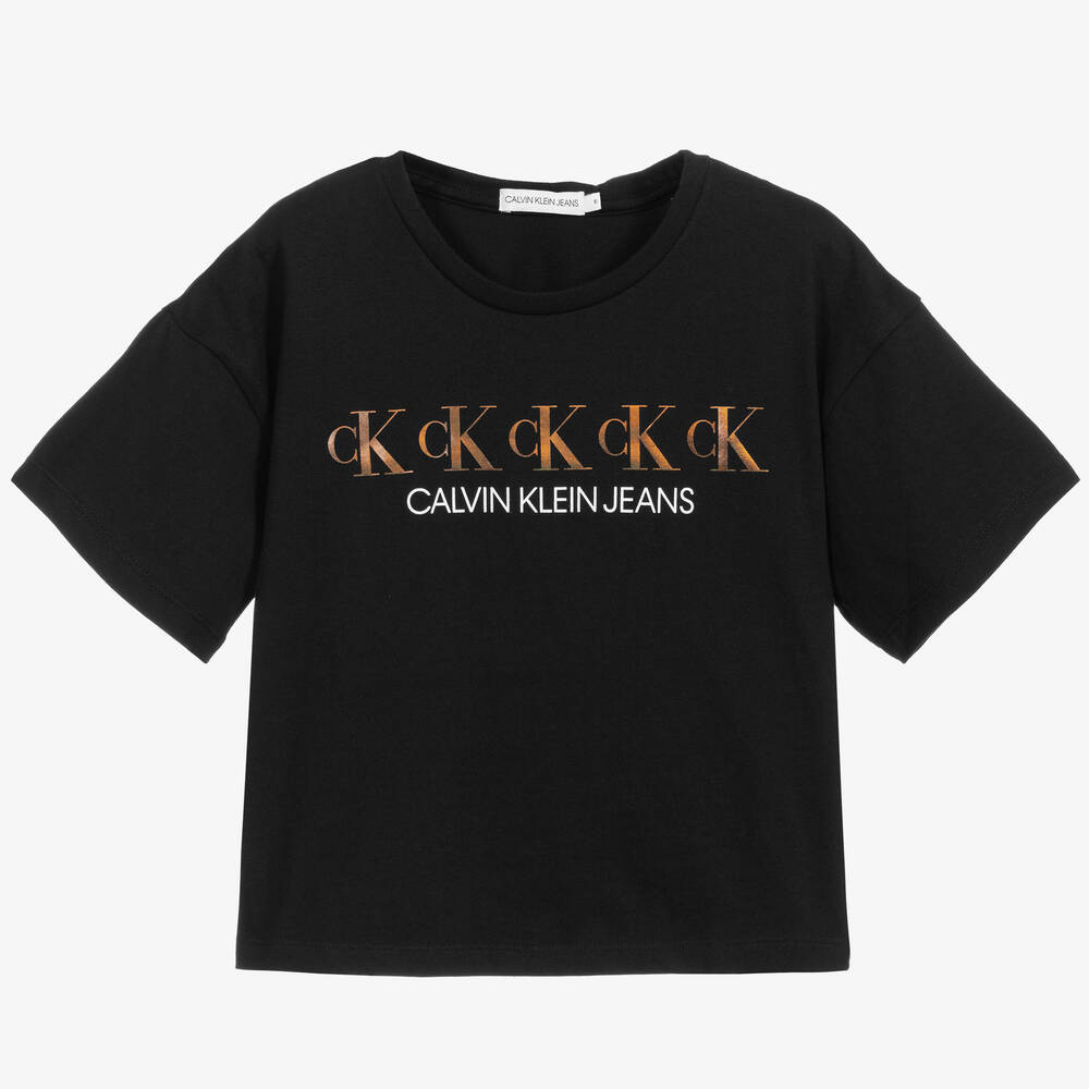 Calvin Klein Jeans-تيشيرت تينز بناتي قطن عضوي جيرسي لون أسود | Childrensalon Outlet