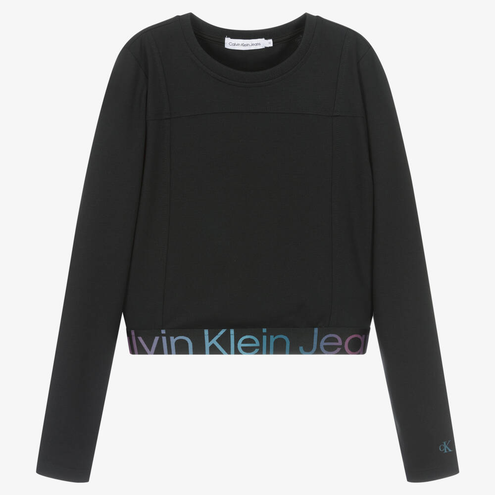Calvin Klein - توب قصير ميلانو جيرسي لون أسود تينز بناتي | Childrensalon
