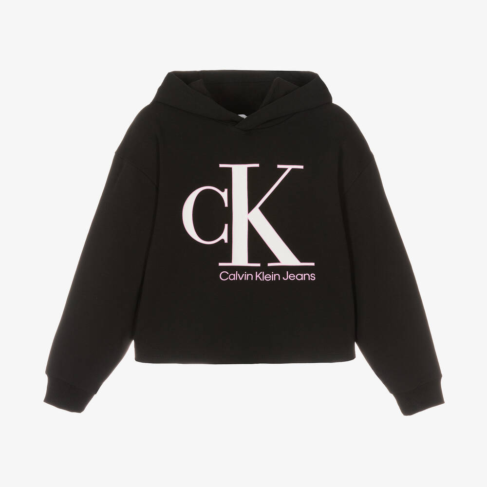 Calvin Klein Jeans - توب هودي تينز بناتي قطن جيرسي لون أسود | Childrensalon