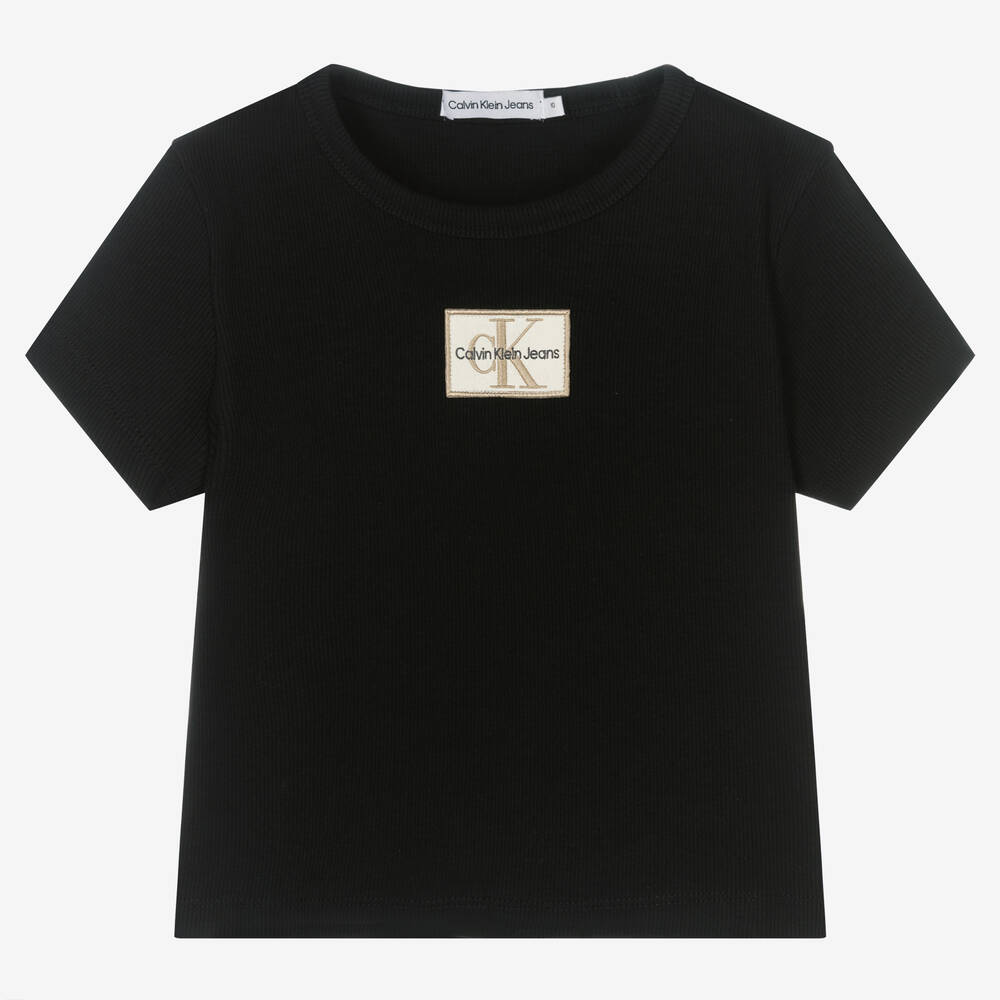Calvin Klein Jeans - Teen Girls Black Ribbed Logo Badge T-Shirt | Childrensalon