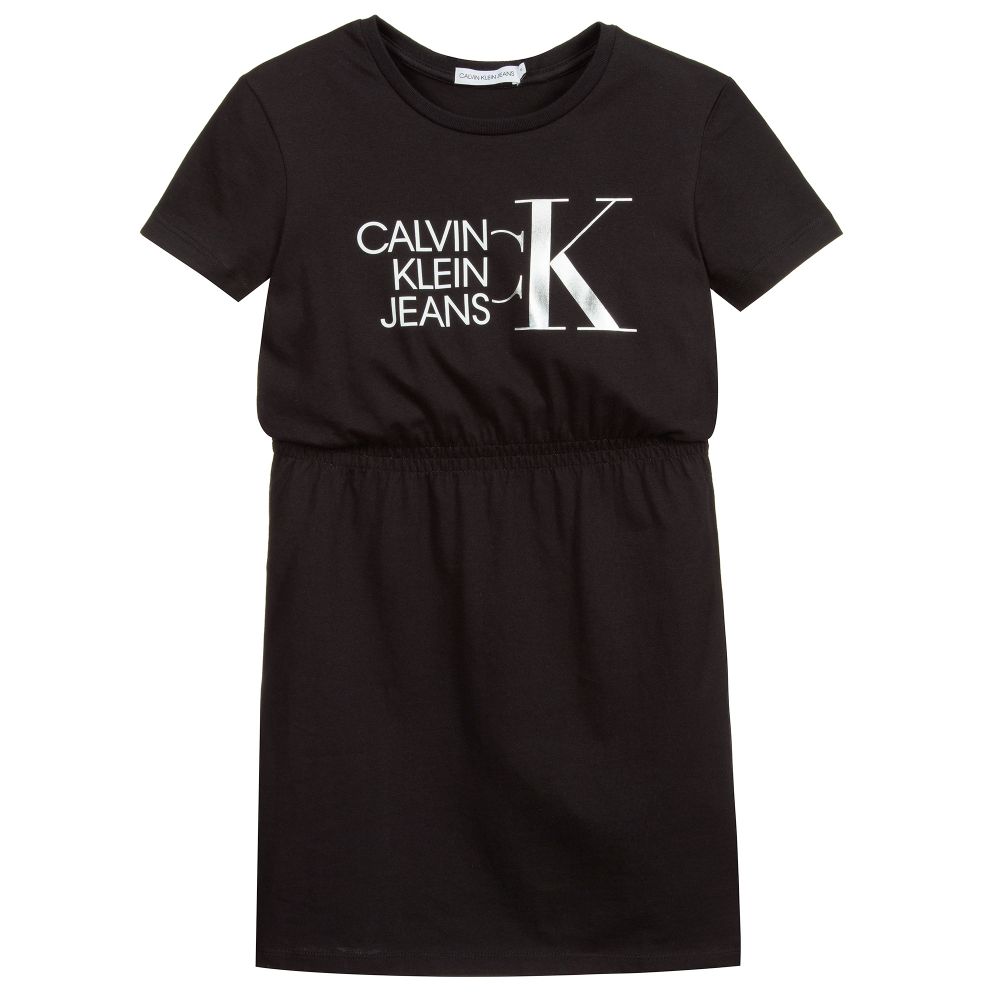 Calvin Klein Jeans - فستان تيشيرت قطن لون أسود وفضّي | Childrensalon