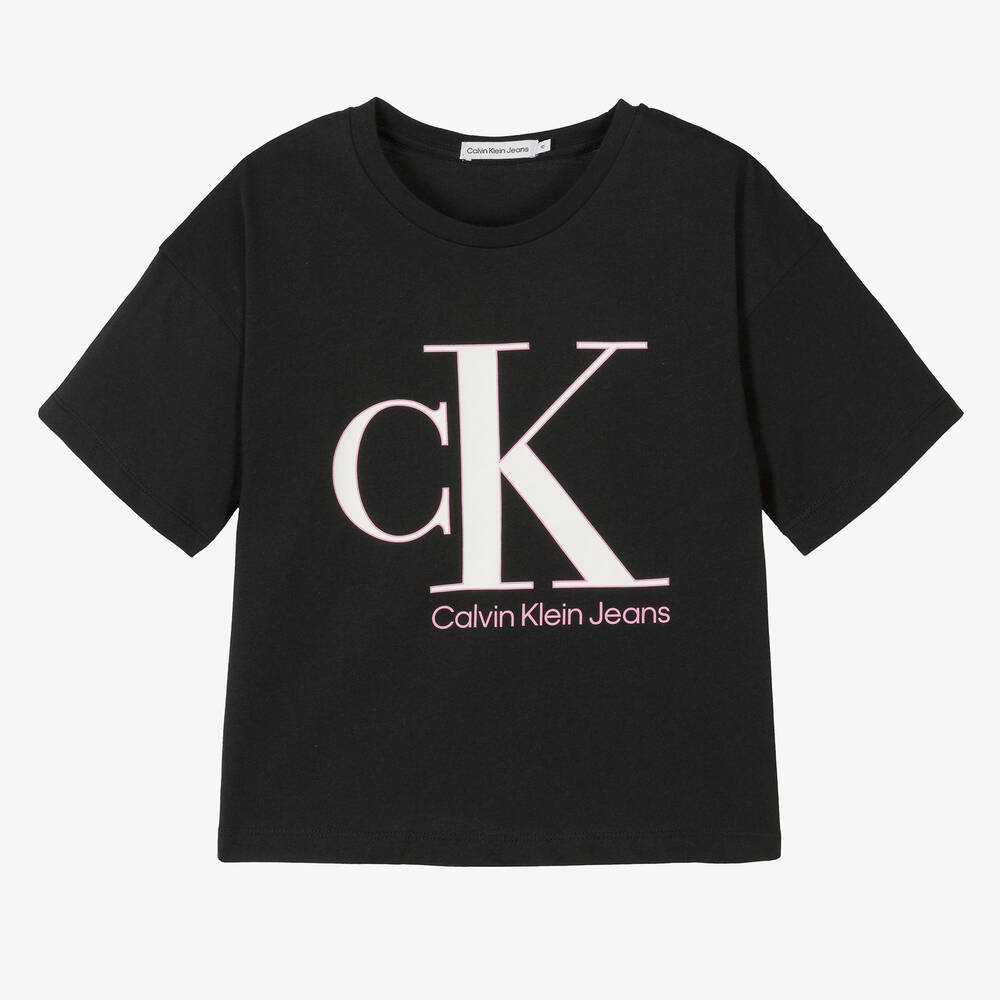 Calvin Klein Jeans - تيشيرت تينز بناتي قطن لون أسود وأبيض | Childrensalon