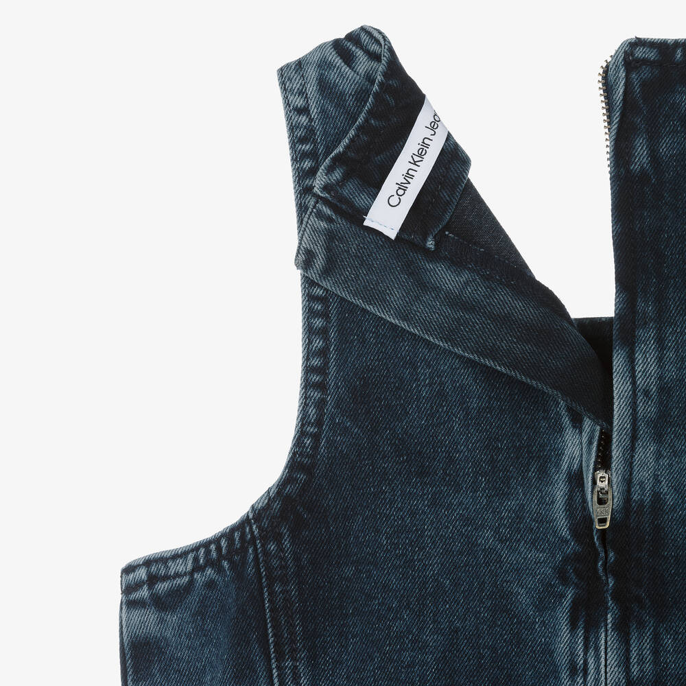 كالفين كلاين-فستان بطبعة مونوغرام قطن دنيم لون أزرق داكن | Childrensalon Outlet