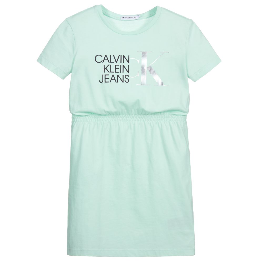 Calvin Klein Jeans - فستان تيشيرت تينز قطن عضوي لون أخضر | Childrensalon
