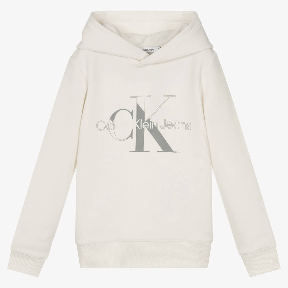 Calvin Klein Jeans - توب هودي تينز ولادي قطن جيرسي لون عاجي | Childrensalon