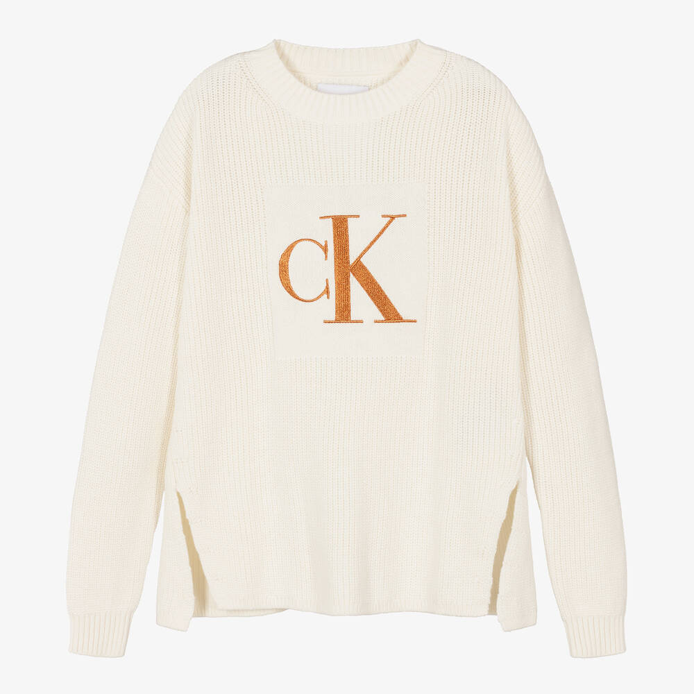Calvin Klein-بلوفر قطن محبوك لون عاجي للمراهقات | Childrensalon Outlet