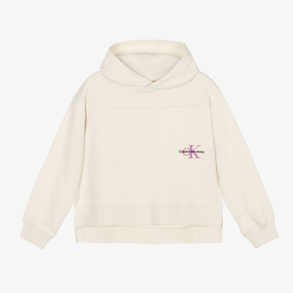 Calvin Klein Jeans - Teen Girls Ivory Cotton Logo Hoodie | Childrensalon