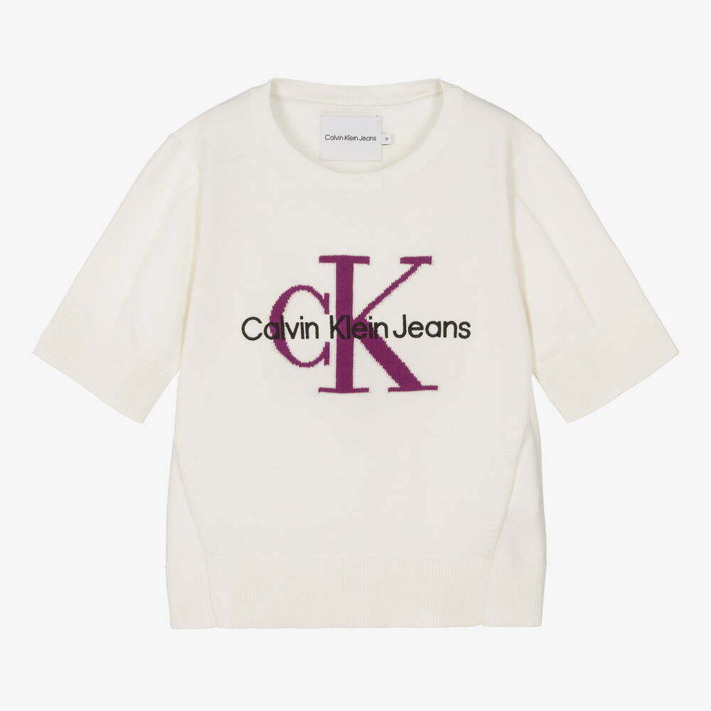 Calvin Klein Jeans - كنزة تينز بناتي قطن محبوك لون عاجي | Childrensalon