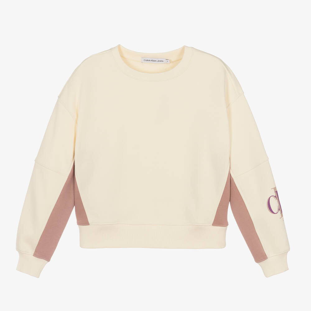 Calvin Klein Jeans-Teen Girls Ivory & Pink Sweatshirt | Childrensalon Outlet