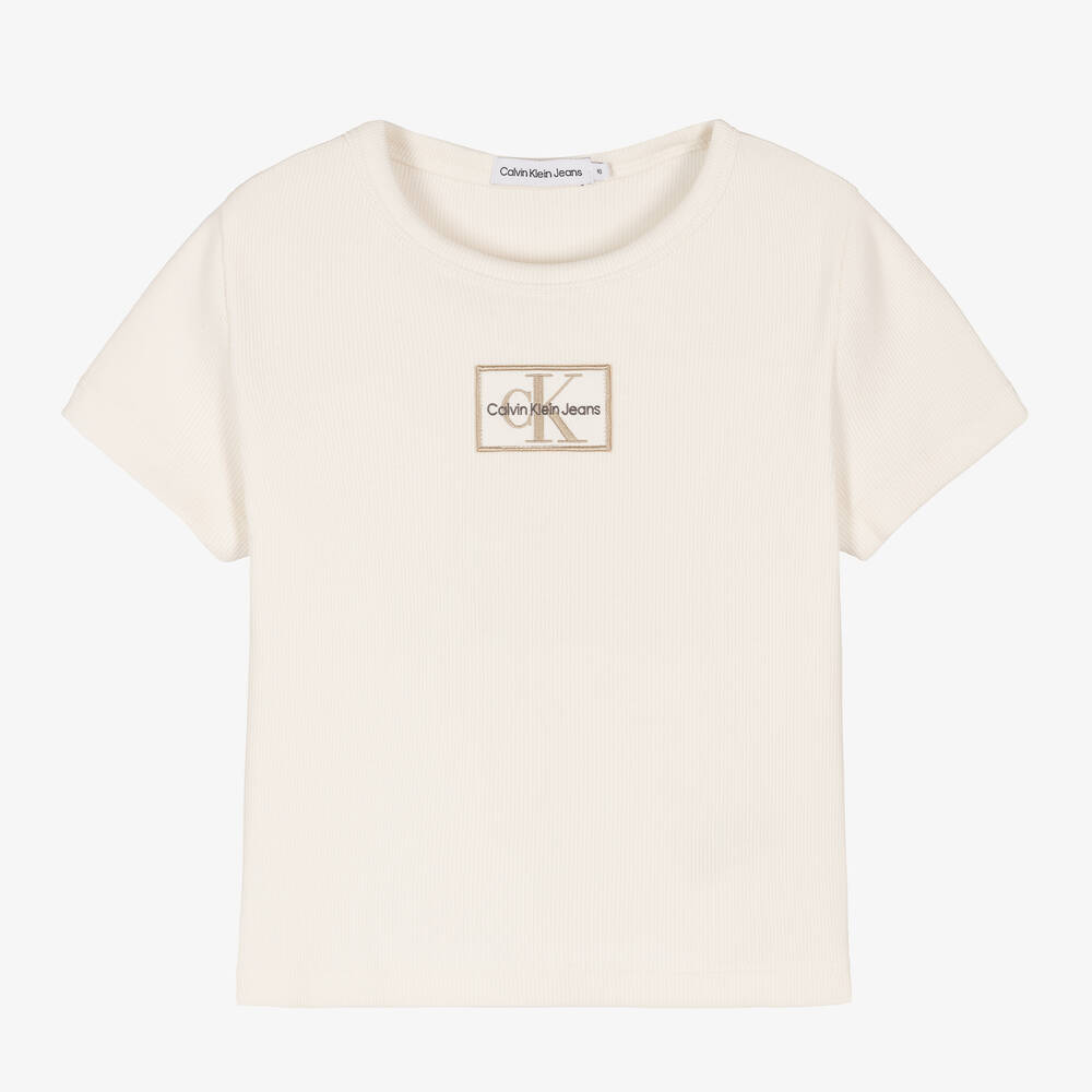 Calvin Klein Jeans - Teen Girls Ivory Ribbed Logo Badge T-Shirt | Childrensalon