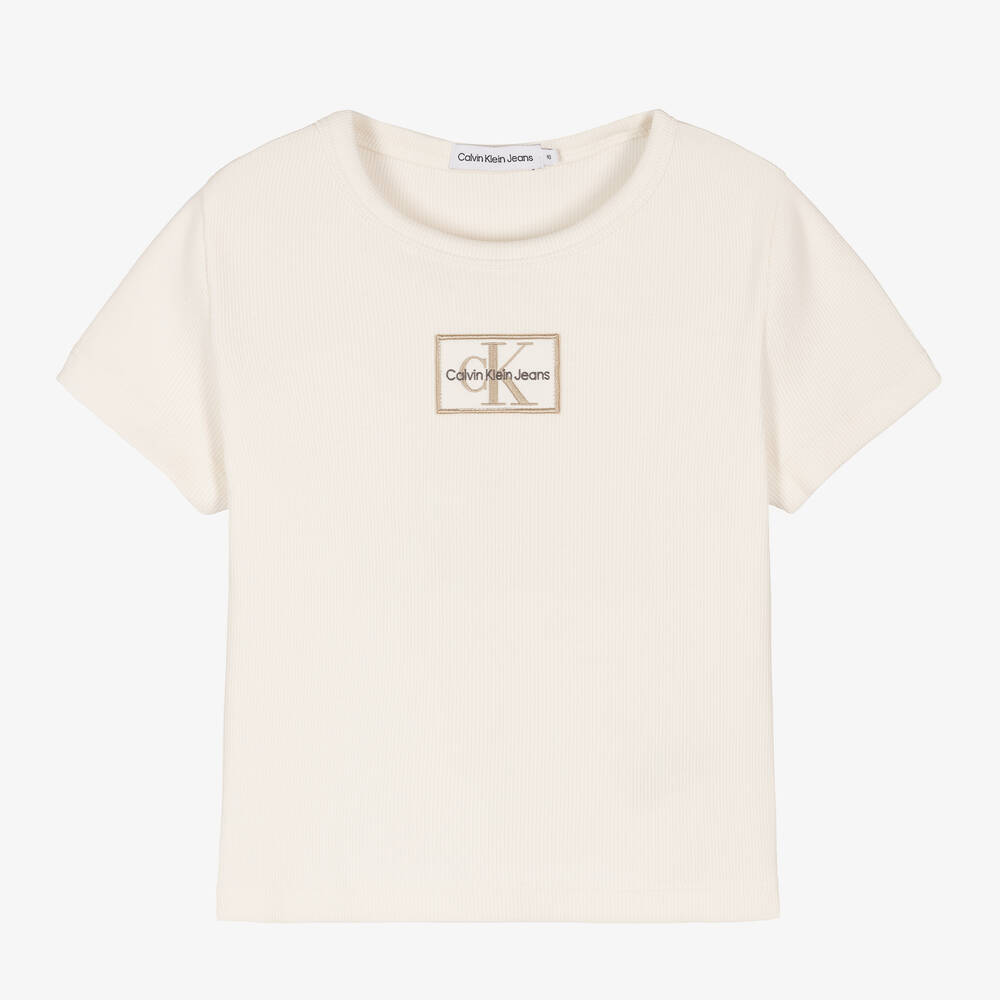 Calvin Klein Jeans-تيشيرت تينز بناتي قطن جيرسي لون عاجي | Childrensalon Outlet