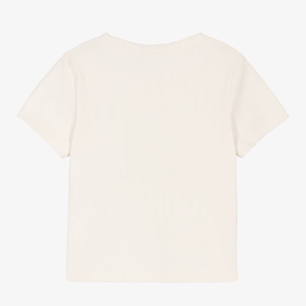 Calvin Klein Jeans-Teen Girls Ivory Ribbed Logo Badge T-Shirt | Childrensalon Outlet