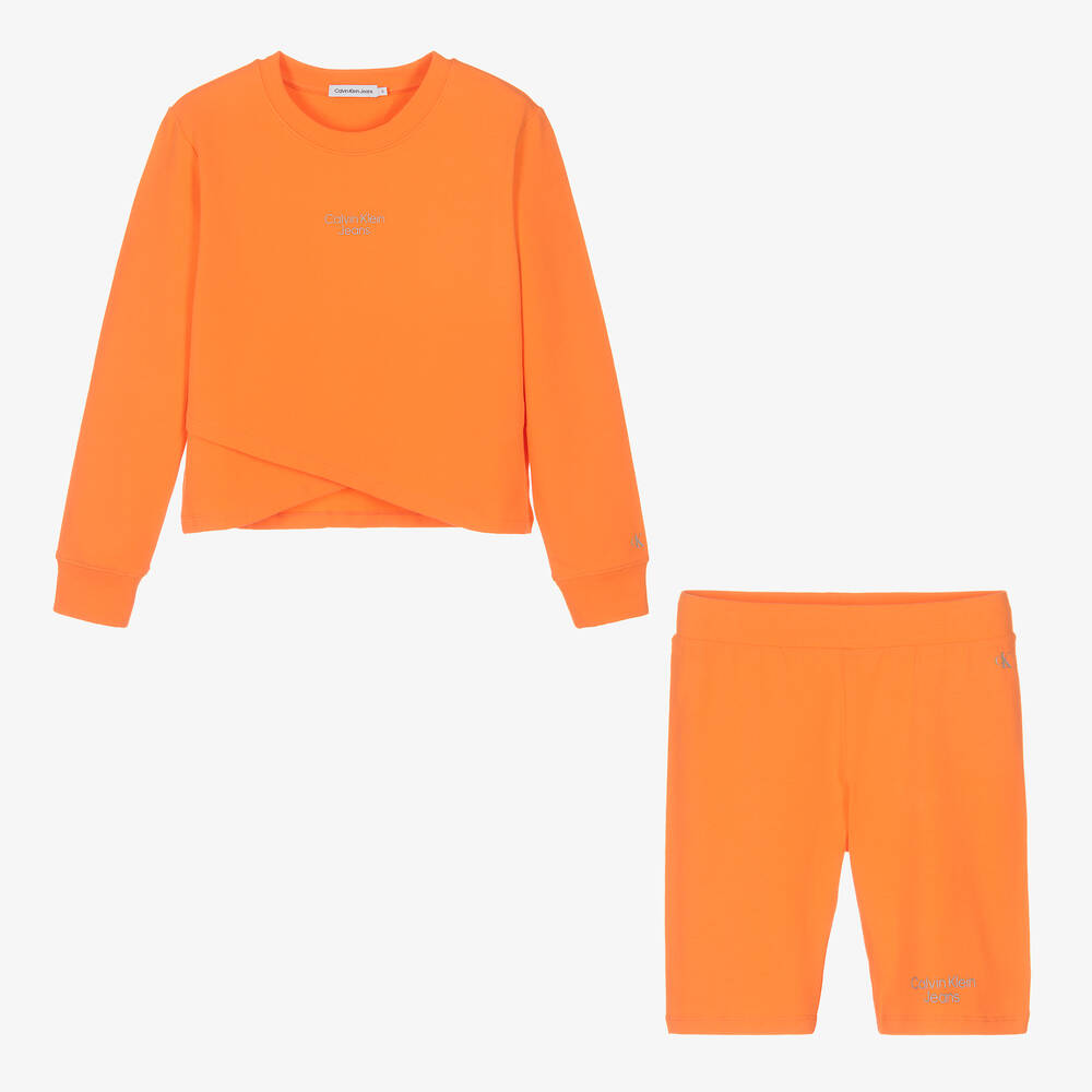 Calvin Klein Jeans - طقم شورت تينز بناتي قطن جيرسي لون برتقالي | Childrensalon