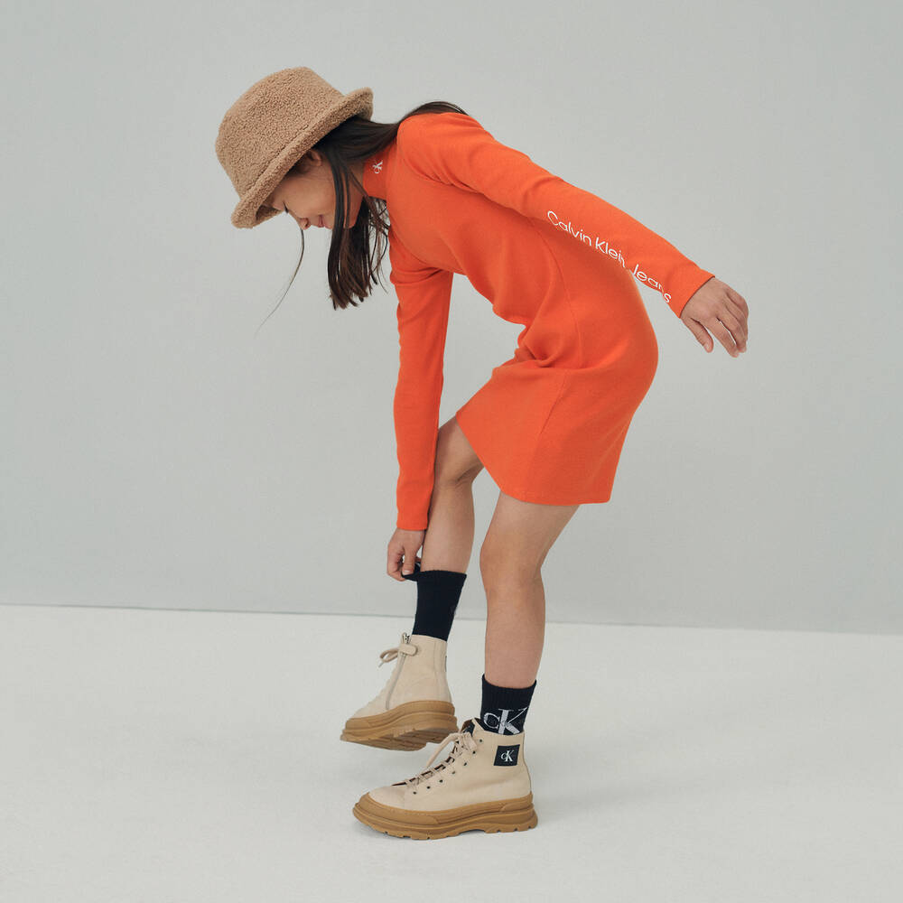 Calvin Klein Jeans Teen Girls Orange Ribbed Dress