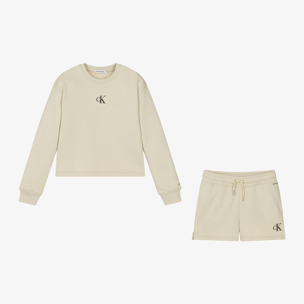 Calvin klein long sleeve crop top and shorts set hot sale