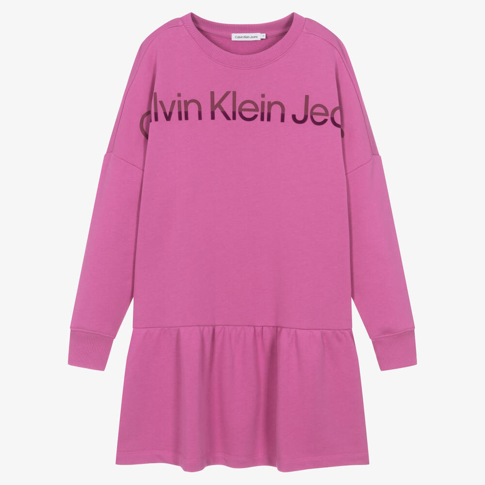 Calvin Klein - فستان قطن مزين بكشكش لون زهري تينز بناتي | Childrensalon