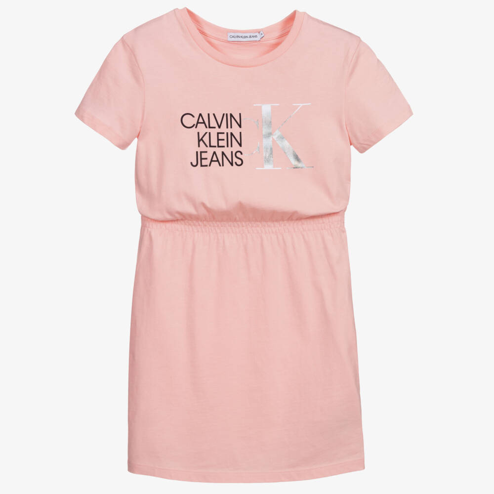 Calvin Klein Jeans-فستان تيشيرت قطن لون زهري و أسود | Childrensalon Outlet