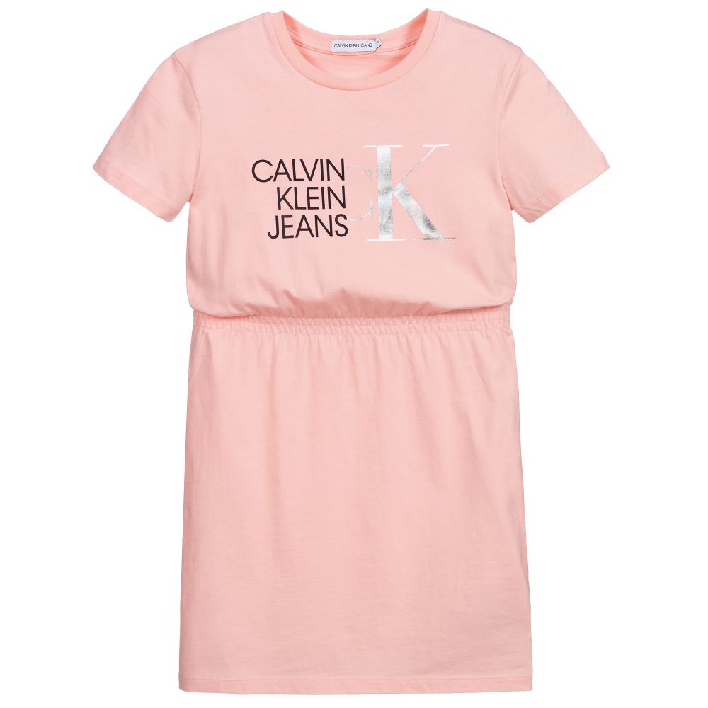 Calvin Klein Jeans - فستان تيشيرت قطن لون زهري و أسود | Childrensalon